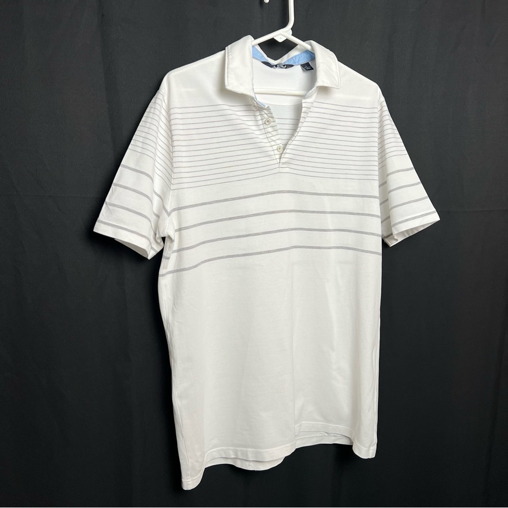 Hart Schaffner Marx- Men’s Golf Polo- White Gray Stripes- Large